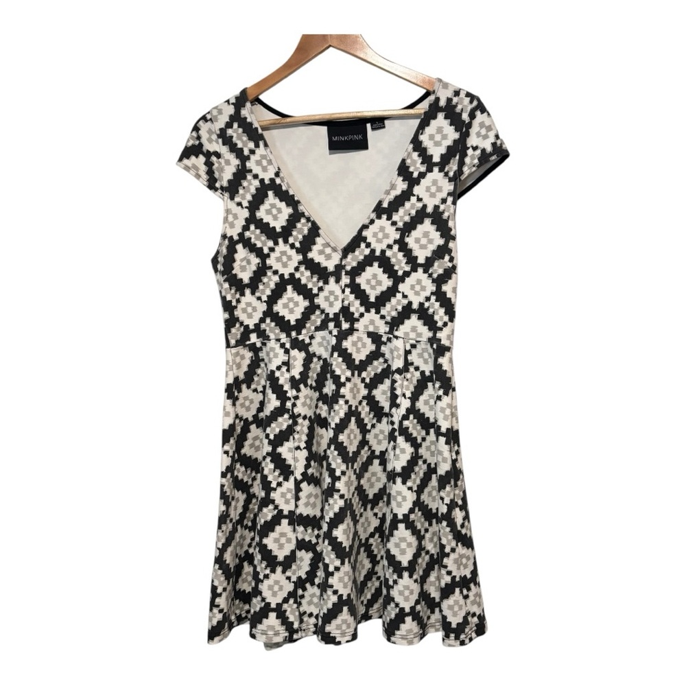 MINKPINK Fit and Flare Black, White and Gray Dress Low V Neck Dress